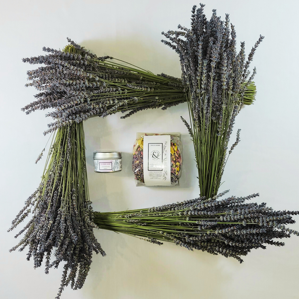 bundle includes 4 long stemmed dried lavender bundles, one bag of botanical confetti and one tin of culinary lavender