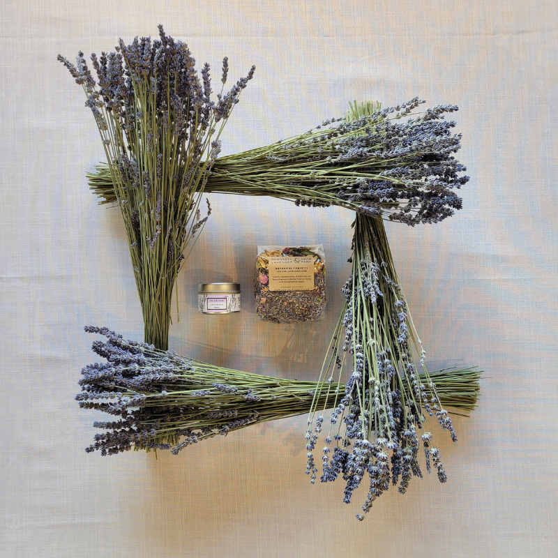 4 dried lavender bundles, 1 tin culinary lavender, 1 bag of botanical confetti